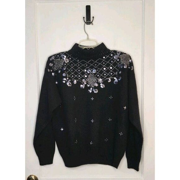 Christina Sweaters - Size Medium Christina Lambswool Angora Black Beaded Turtleneck Sweater